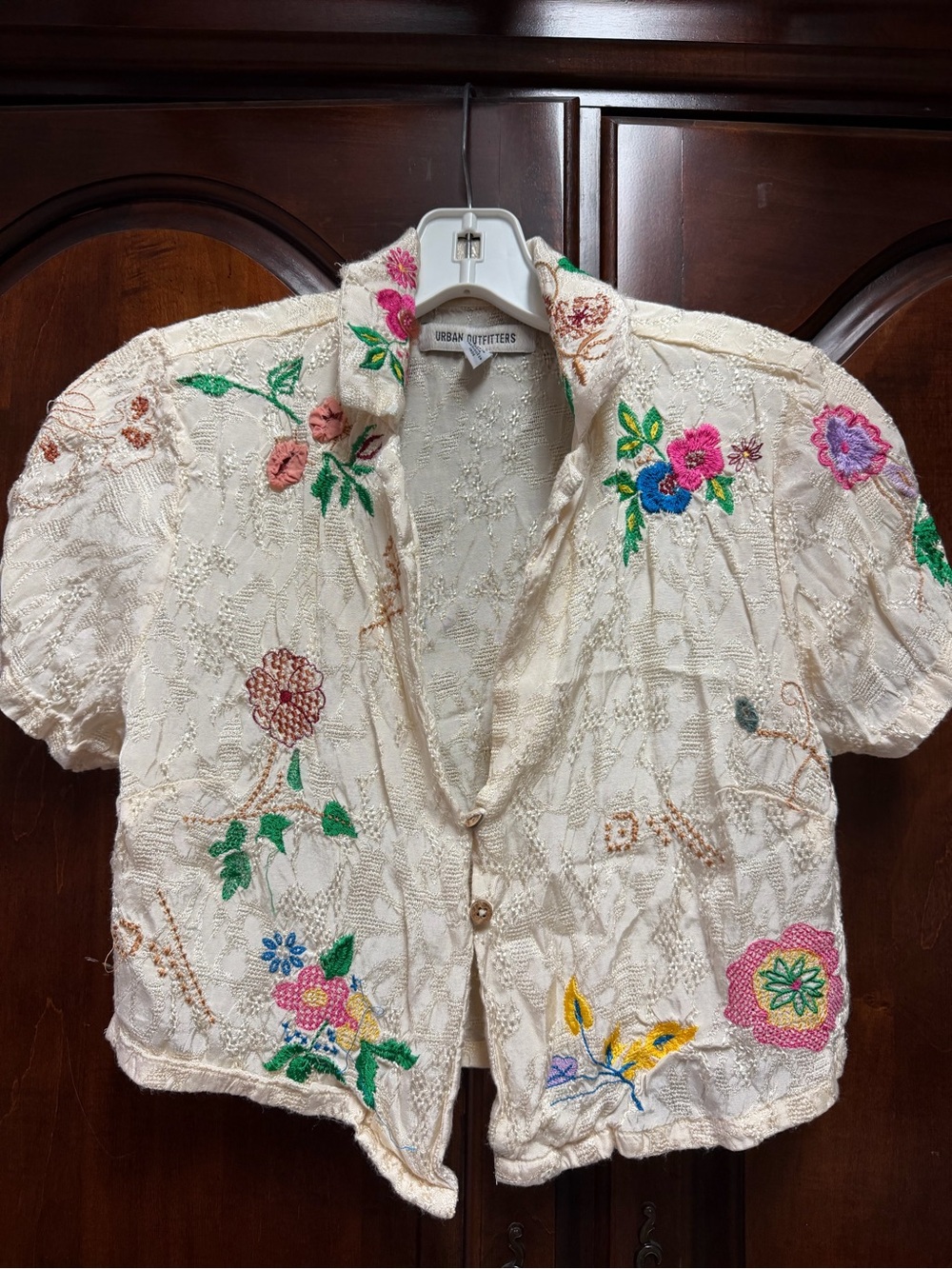 Urban Outfitters Cream Embroidered Floral Short-Sleeve Kids Blouse